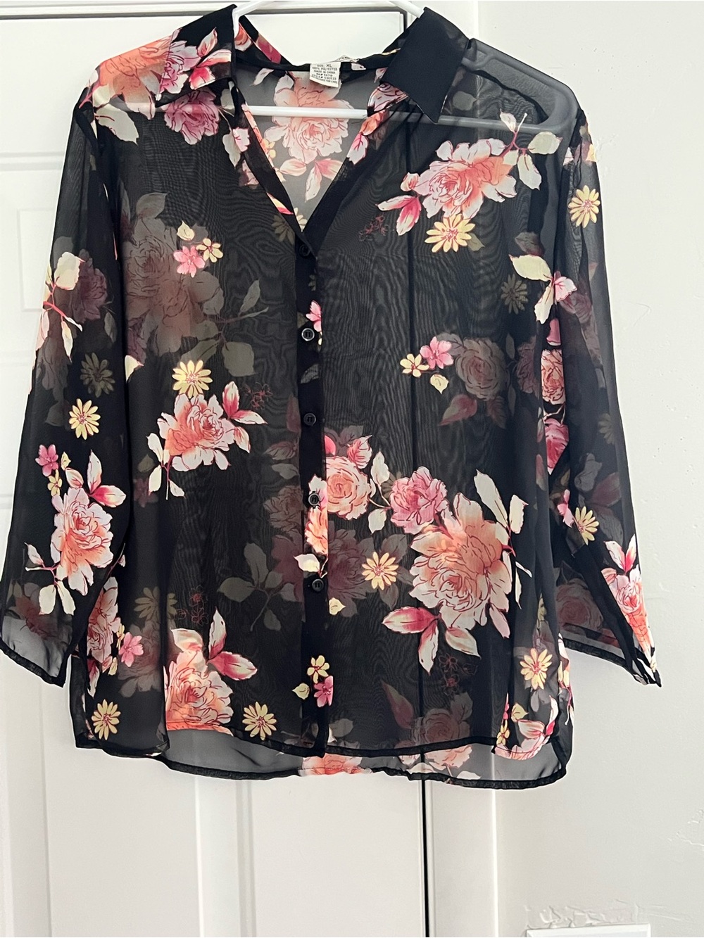 Notations Black Sheer Floral Button-Front Blouse with Pink & Cream Flowers